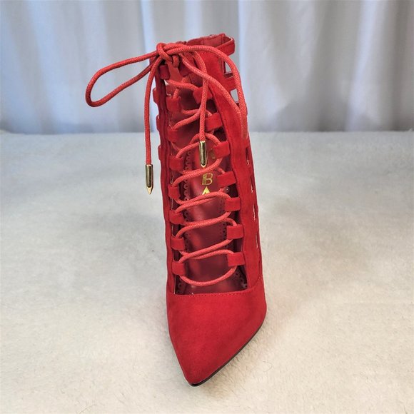 ☆ Alba Red Cage Cut Pointy Toe Lace Up Ankle Boots - Picture 3 of 9